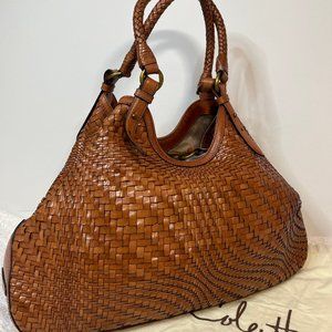 Cole Haan Hobo Genevieve Woven Weave Triangle Brown Leather Tote Shoulder Bag